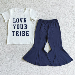 Promotional Love Your Tribe Navy Girls Short Sleeve+Trousers Sets