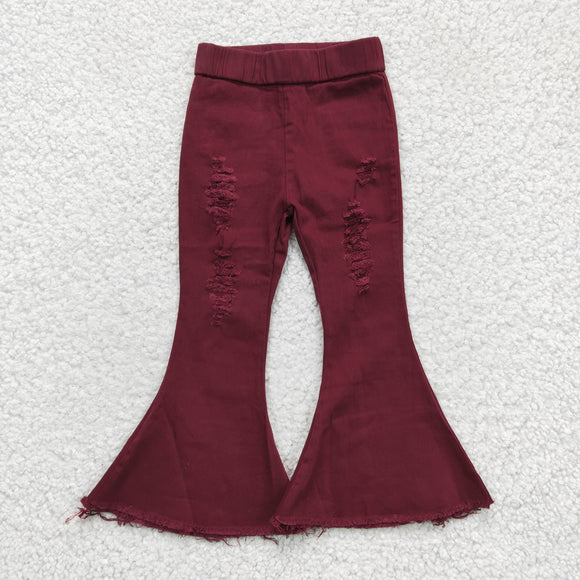 Dark Red Distressed Flared Girls Jeans Pants