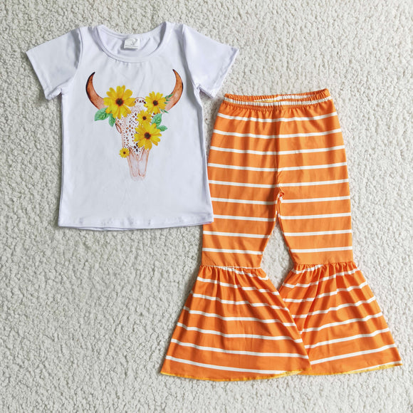 Promotional Sunflower Cow Sripes Orange Girls Short Sleeve+Trousers Sets