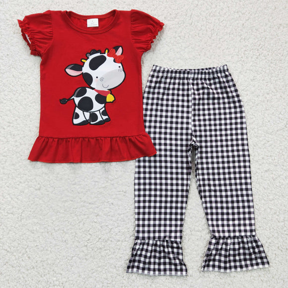 Cow Embroidery Plaid Red Girls Short Sleeve+Trousers Sets