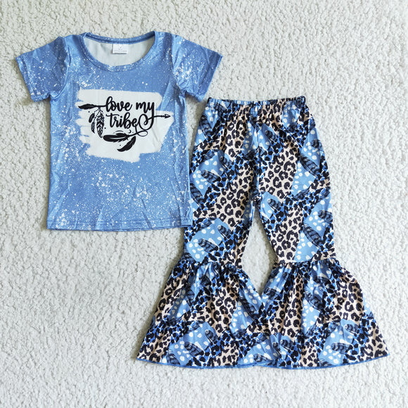 Promotional Blue Love My Tribe Feather Girls Short Sleeve+Trousers Sets