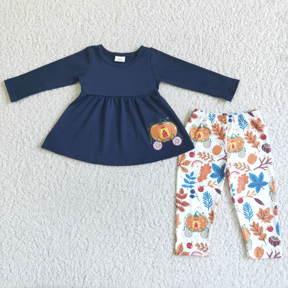 3pcs Pumpkin Car Navy Girls Long Sleeve+Trousers Sets