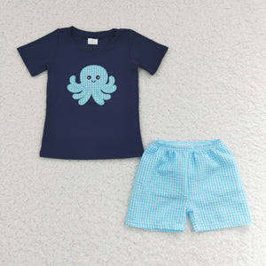 Promotional Octopus Sky Blue Plaid Black Boys Shorts Sets