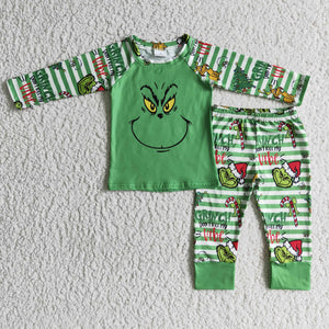 Promotional Cartoon Smile Green White Stripes Boys Christmas Pajamas