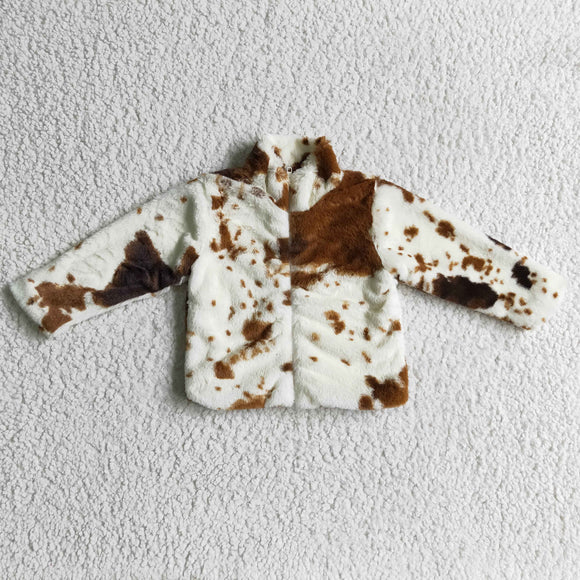 Cow Print Beige Kids Plush Coat