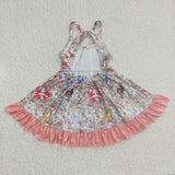 Cartoon Princess Floral Ruffles White Girls Sleeveless Dress