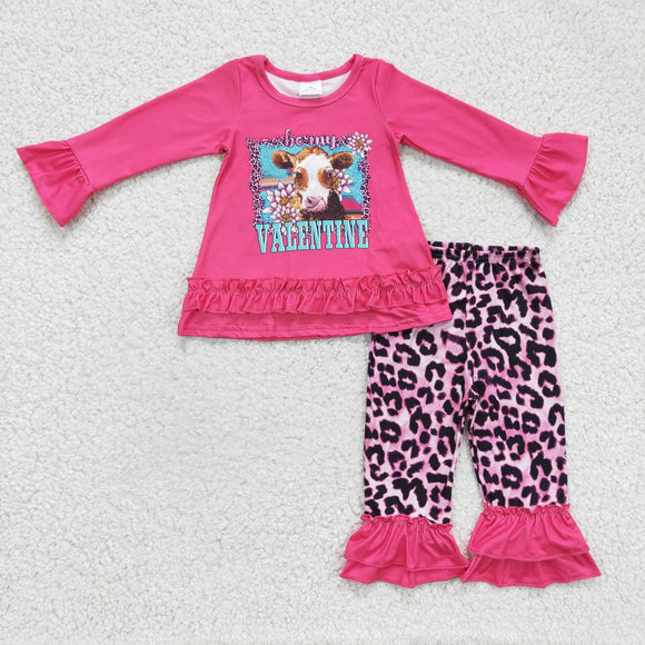 Cow Leopard Print Hot Pink Ruffles Girls Valentine Outfits
