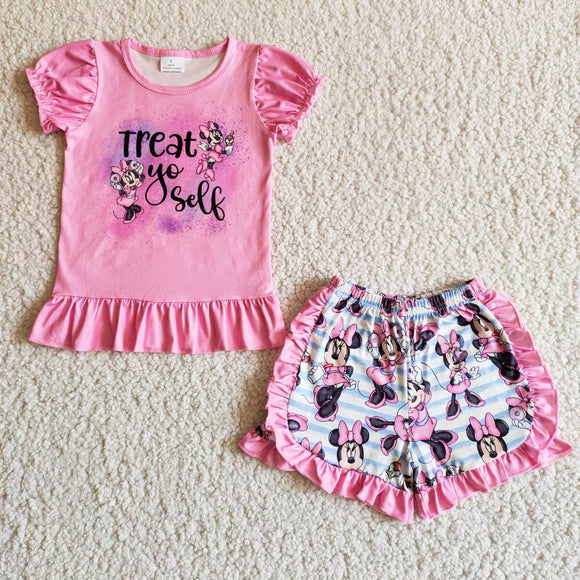 Promotional Treat Cartoon Pink Girls Shorts Sets