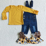Solid Yellow Top Girls Sunflower Suspender Pants Overalls Sets