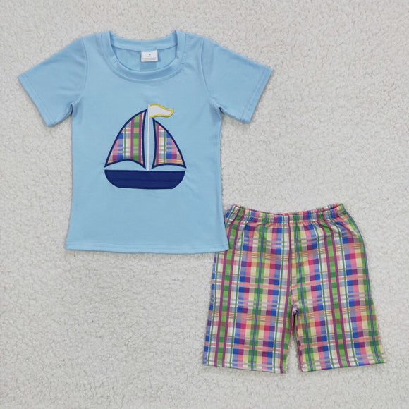 Boat Plaid Sky Blue Boys Shorts Sets