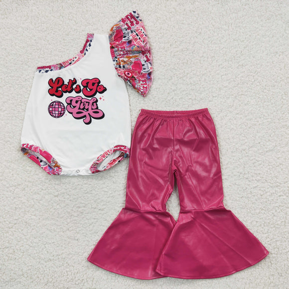 Let's go girls One Shoulder Girls Summer Romper Leather Pants Sets