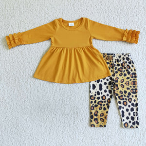 Promotional Orange Ruffles Leopard Print Legging Girls Long Sleeve+Trousers Sets