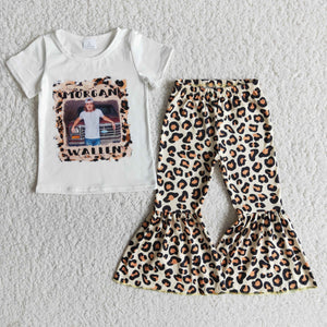 Singer Leopard Print White Girls Short Sleeve+Trousers Sets