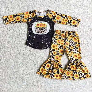 Promotional Pumpkin Sunflower Leopard Print Girls Long Sleeve+Trousers Sets