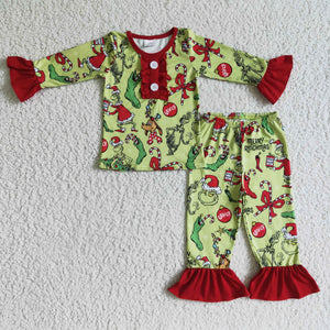 Cartoon Green Socks Red Ruffles Girls Christmas Pajamas