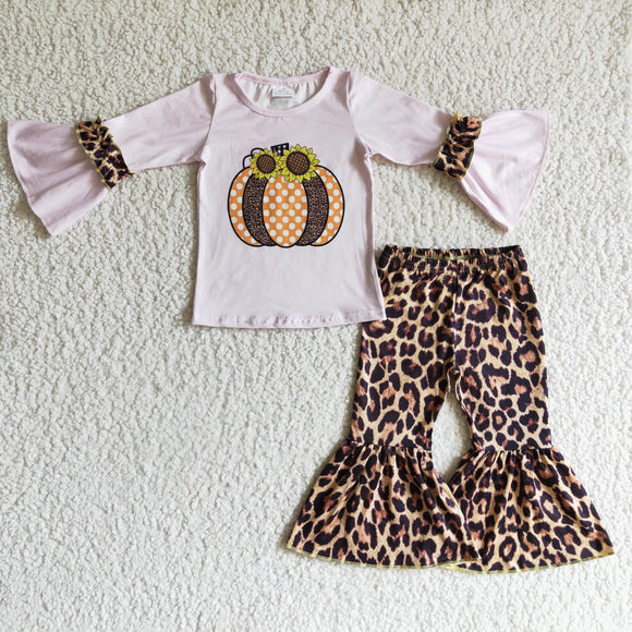 Sunflower Pumpkin Leopard Print Pink Girls Long Sleeve+Trousers Sets