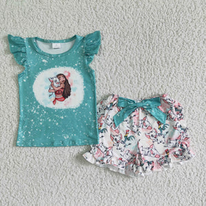 Promotional Cartoon Belt Green Girls Shorts Sets