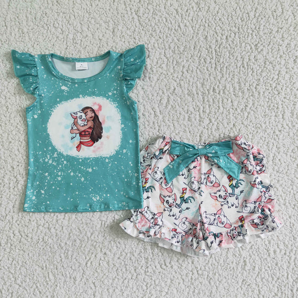 Promotional Cartoon Belt Green Girls Shorts Sets