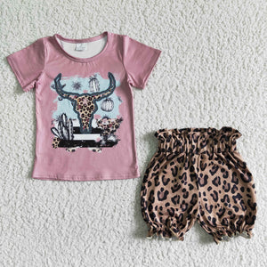 Promotional Cow Leopard Print Pink Girls Shorts Sets