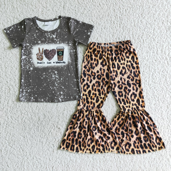 Promotional Leopard Print Gray Cup Girls Short Sleeve+Trousers Sets