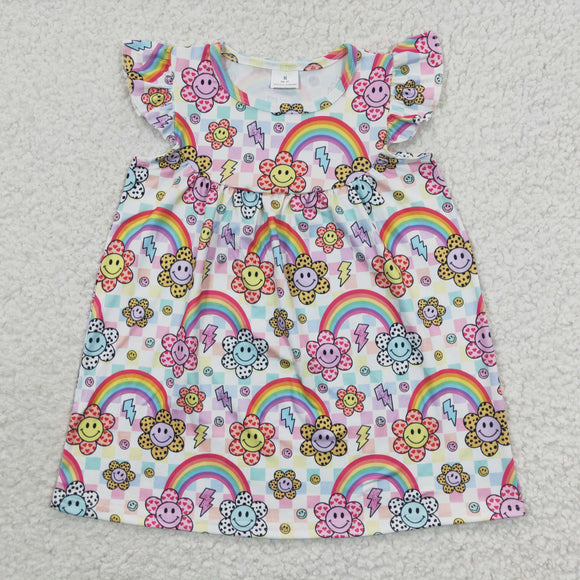 Promotional Smile Floral Rainbow Plaid Girls Flutter Sleeve Dress