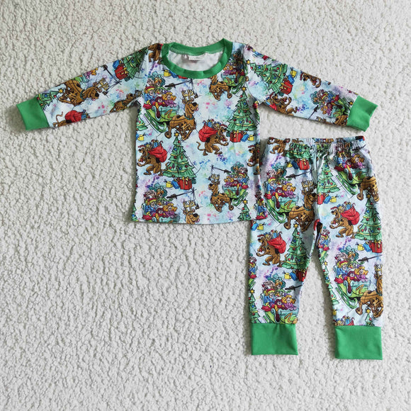 Promotional Cartoon Tree Dog Green Boys Christmas Pajamas