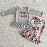 Promotional Letters Floral Gray Girls Long Sleeve+Trousers Sets