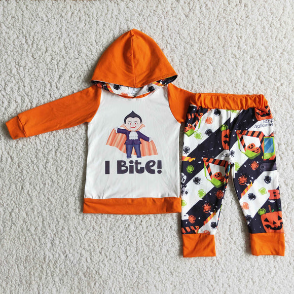 Promotional I Bite Orange Hoodie Sets Boys Halloween Outfits