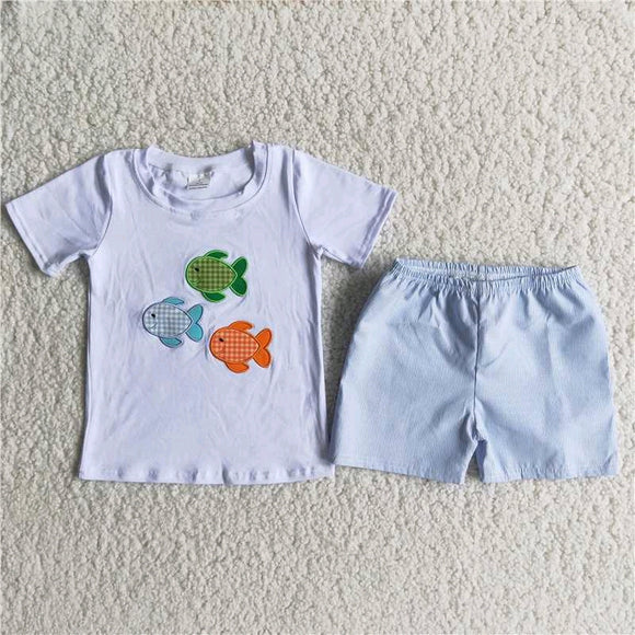 3 Fish Embroidery White Sky Blue Boys Shorts Sets