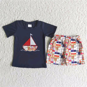 Yawl Little Sailboat Embroidery Navy Boys Shorts Sets