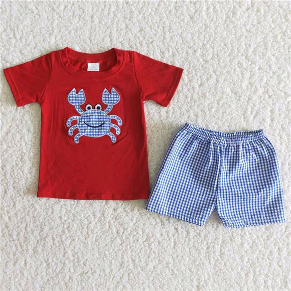 Promotional Crab Embroidery Red Blue Plaid Boys Shorts Sets