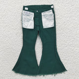 Solid Black Green Flared Girls Jeans Pants
