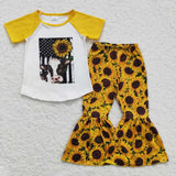 Promotional Sunflower Cow Yellow Girls Short Sleeve+Trousers Sets