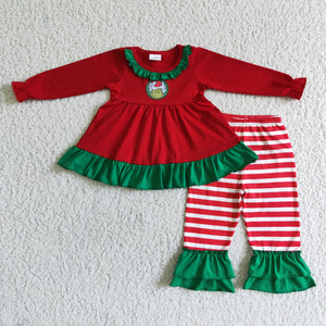 Cartoon Green Ruffles Red Stripes Girls Christmas Outfits