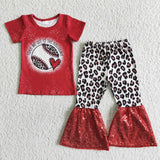 Promotional Baseball Sequin Leopard Print Girls Short Sleeve+Trousers Sets