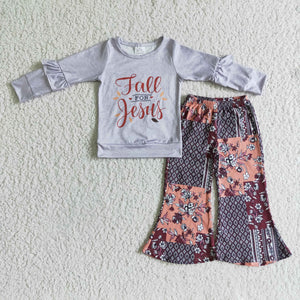 Promotional Fall for Jesus Floral Gray Girls Long Sleeve+Trousers Sets