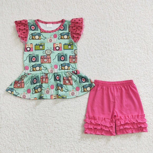 Camera Hot Pink Ruffles Girls Shorts Sets