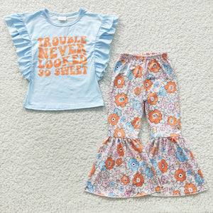 Trouble never lookes sweet Floral Girls Short Sleeve+Trousers Sets