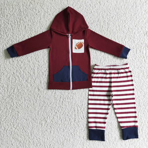 Football Red Stripe Navy Zipper Boys Fall Hoodie Sets