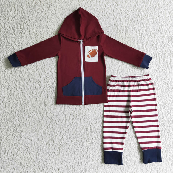 Football Red Stripe Navy Zipper Boys Fall Hoodie Sets
