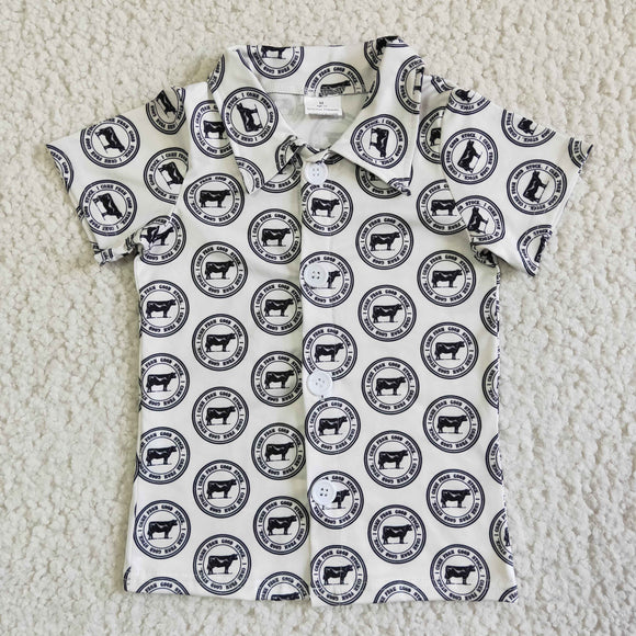 Circle Cow White Boys Shirts Turn Down Collar Short Sleeve Top