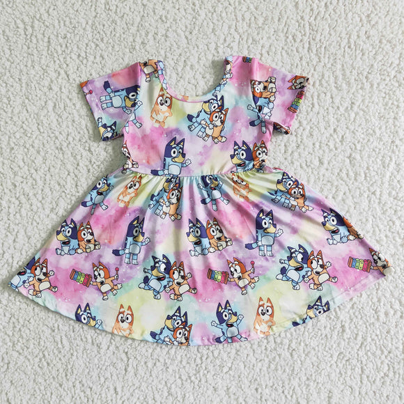 Cartoon Dogs Tie Dye Girls Short Sleeve Dress