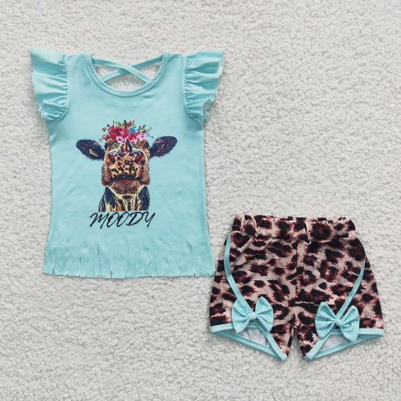 Promotional Moody Leopard Print Sky Blue Girls Shorts Sets