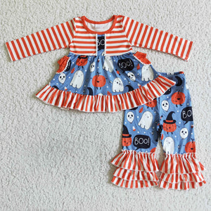 Boo Pumpkin Ghost Orange Stripes Girls Halloween Outfits