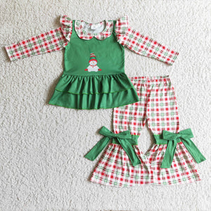 Snowman Bows Red Plaid Green Girls Christmas Outfits