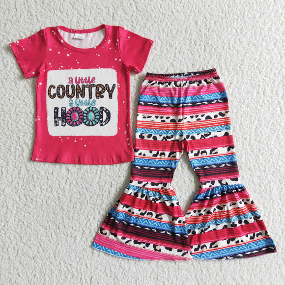 Promotional Country Hood Hot Pink Girls Short Sleeve+Trousers Sets