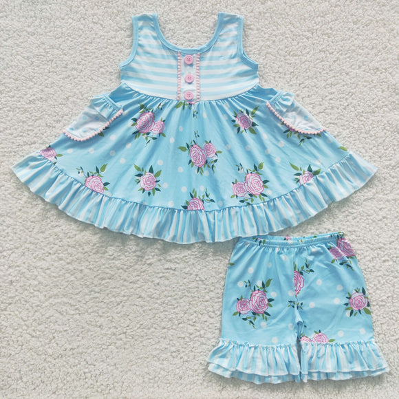Pockets Blue Stripes Floral Girls Shorts Sets