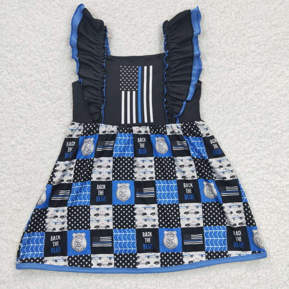 Promotional Police Car Flag Plaid Black Girls Flutter Sleeve Dress