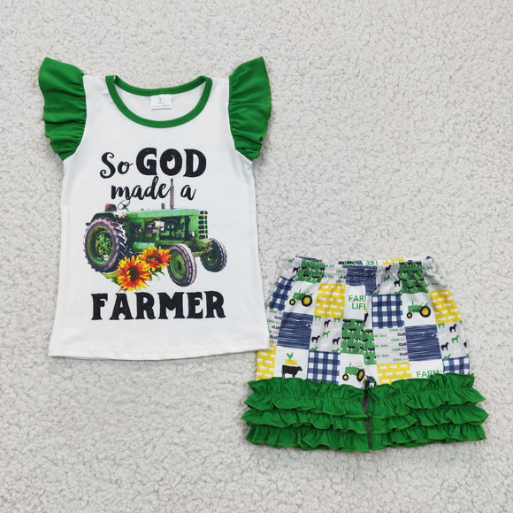 Farmer Tractor Green Ruffles White Girls Shorts Sets