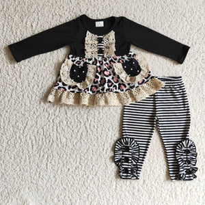 Lace Leopard Print Black Pockets Stripes Legging Girls Long Sleeve+Trousers Sets